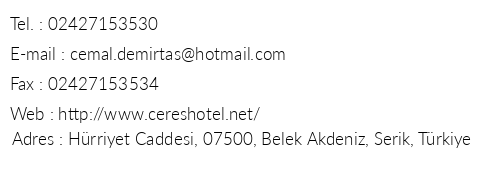 Ceres Hotel telefon numaralar, faks, e-mail, posta adresi ve iletiim bilgileri